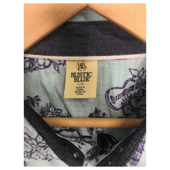 Rustic Blue Top Mens L Hawaiian Tropical Cotton Button Up Short Sleeves Blue - Picture 3 of 11